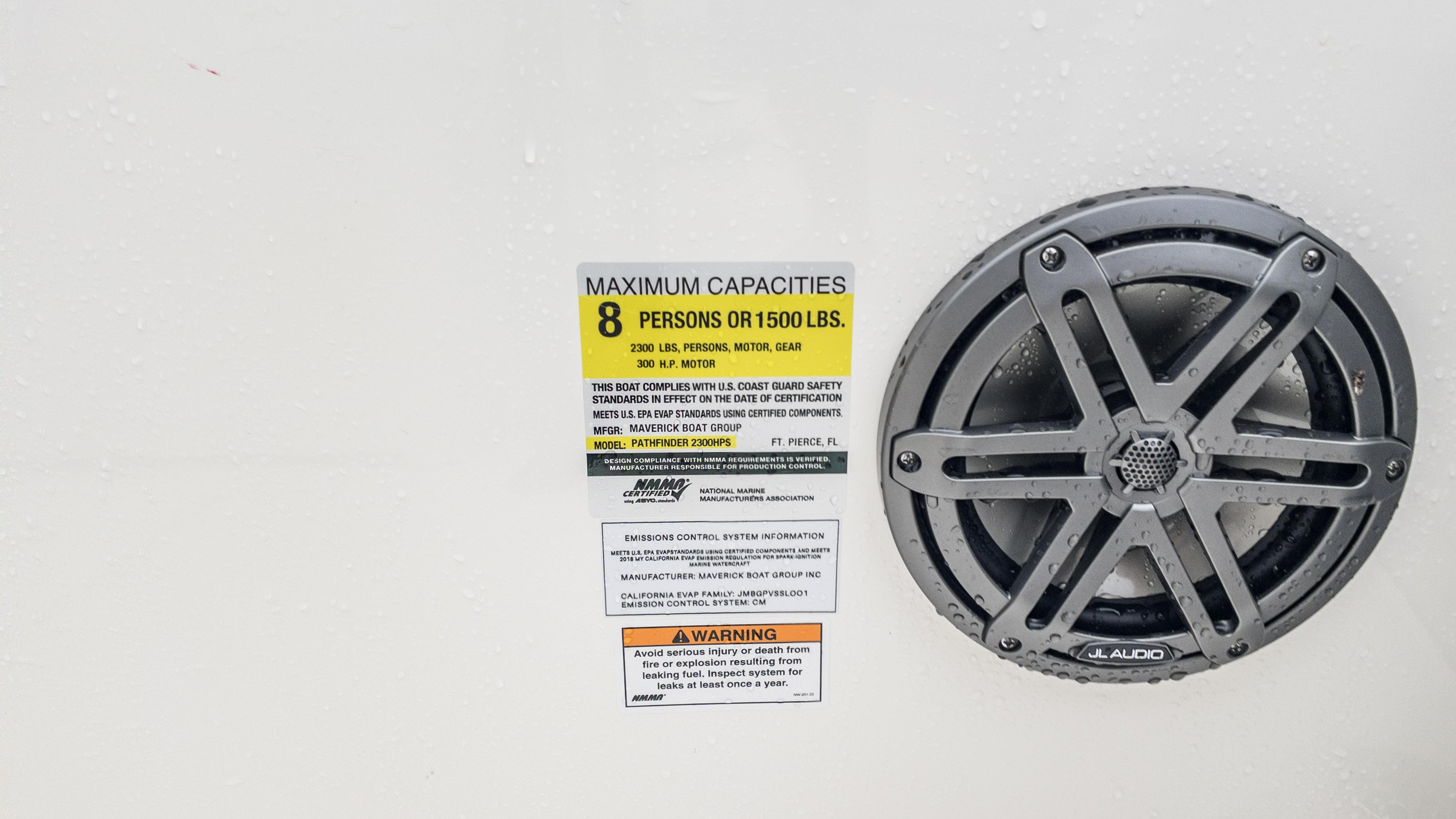 Slide: The Image of 2024 Pathfinder 2300 HPS boat capacity label and JL Audio speaker - 6