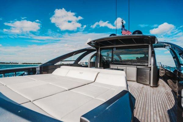 Slide: The Image of Luxurious 2015 Pershing 70 yacht with spacious deck and sleek design under blue sky. - 27