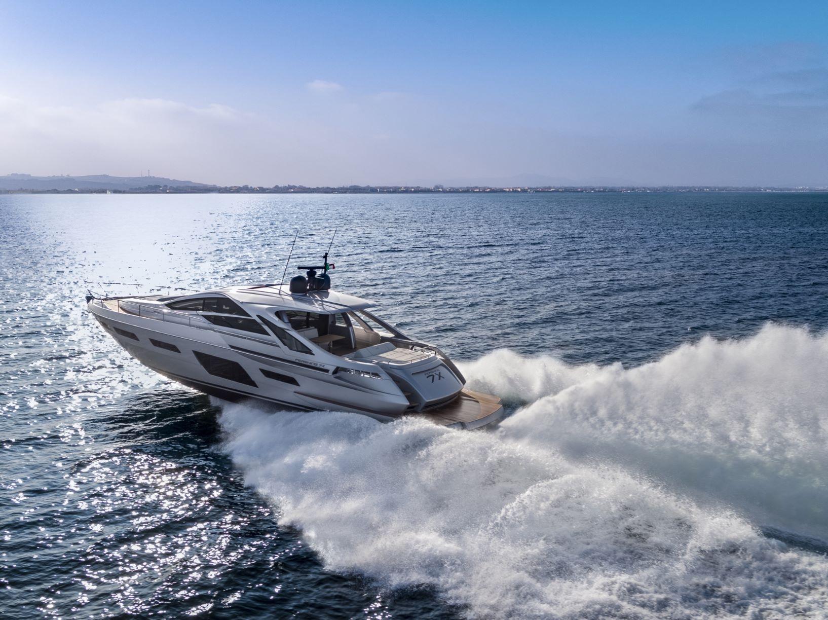Slide: The Image of 2025 Pershing 7X yacht cruising on open water, creating waves. - 13