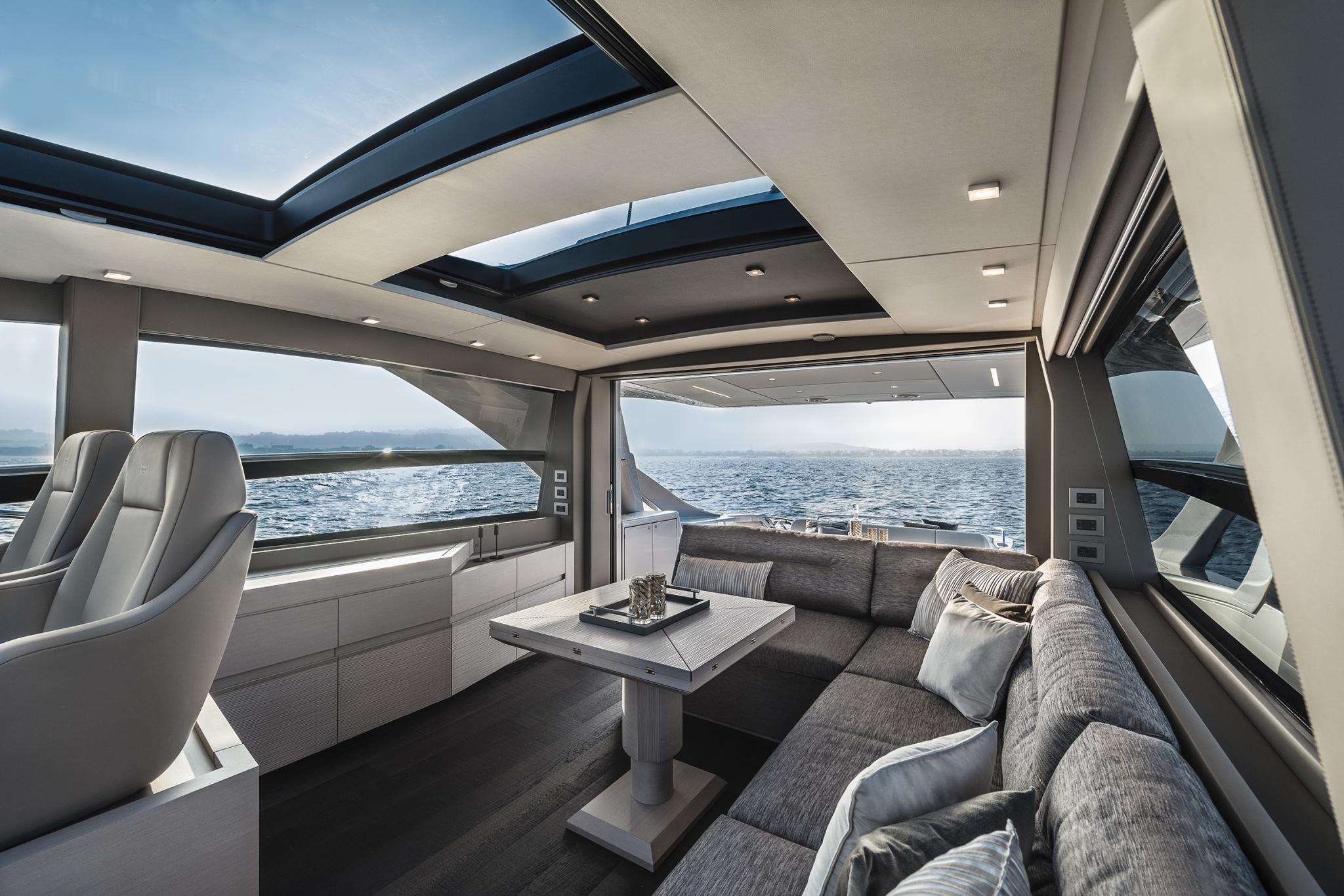 Slide: The Image of Luxurious interior of 2025 Pershing 7X yacht with ocean view and modern seating. - 16