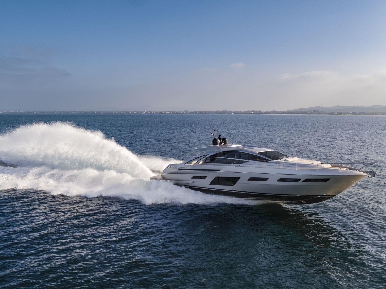 Slide: The Image of 2025 Pershing 7X yacht cruising swiftly on open water. - 2