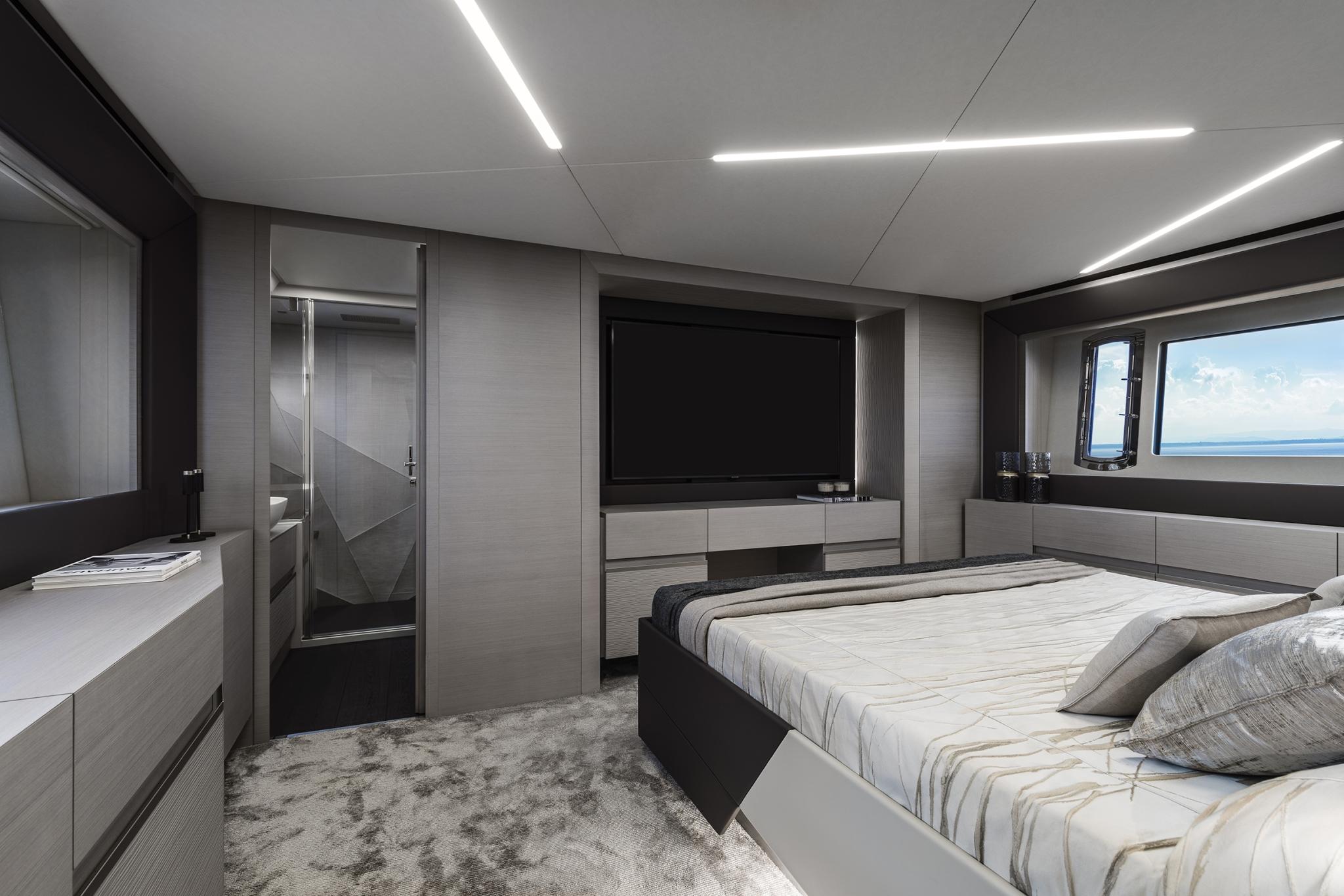 Slide: The Image of Luxurious bedroom interior of 2025 Pershing 7X yacht with modern design and ocean view. - 21