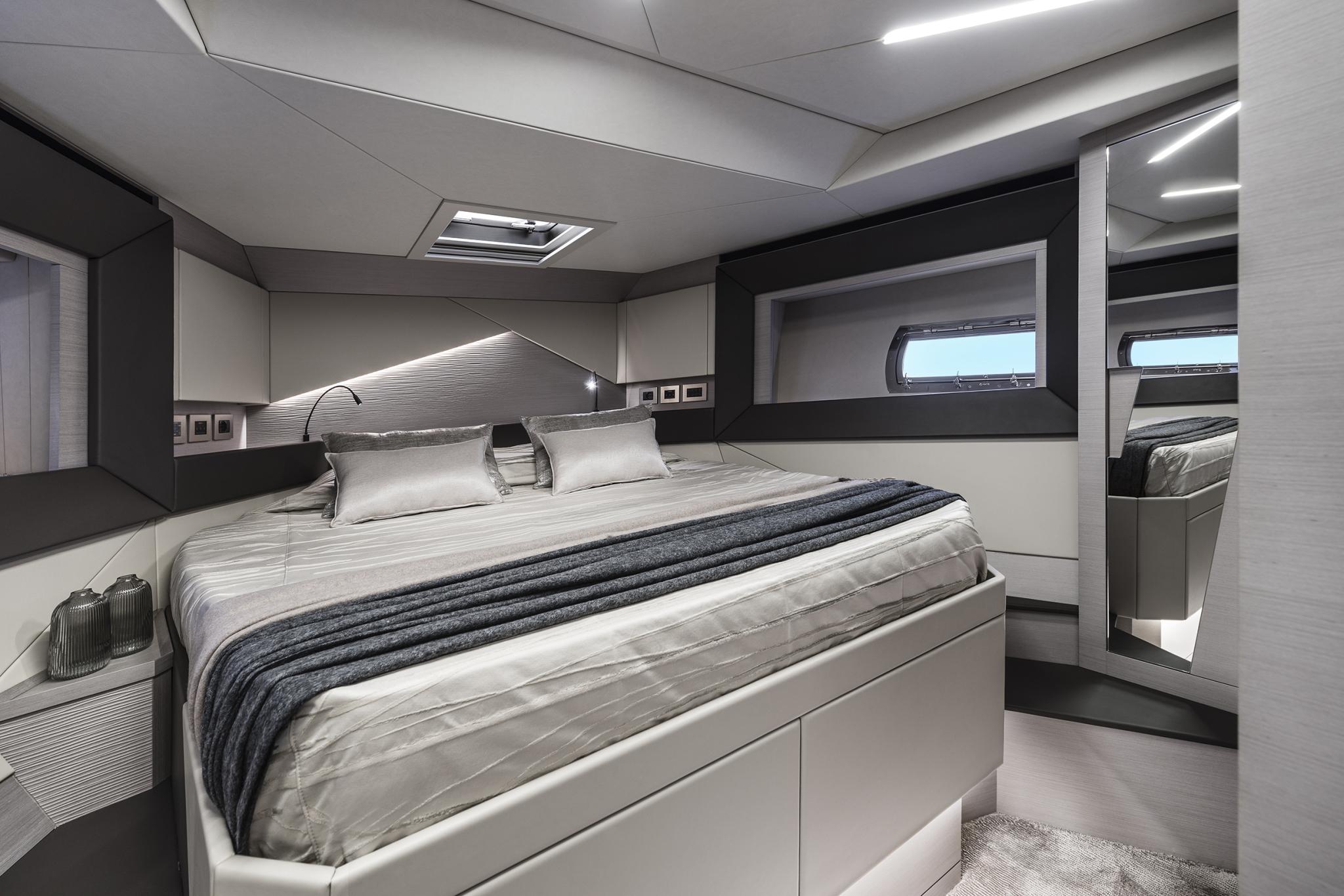 Slide: The Image of Luxurious bedroom interior of 2025 Pershing 7X yacht with modern design and elegant furnishings. - 22