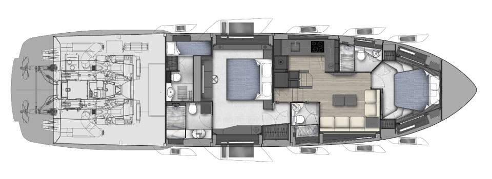 Slide: The Image of Floor plan of 2025 Pershing 7X yacht, featuring luxurious interior layout and engine room. - 27