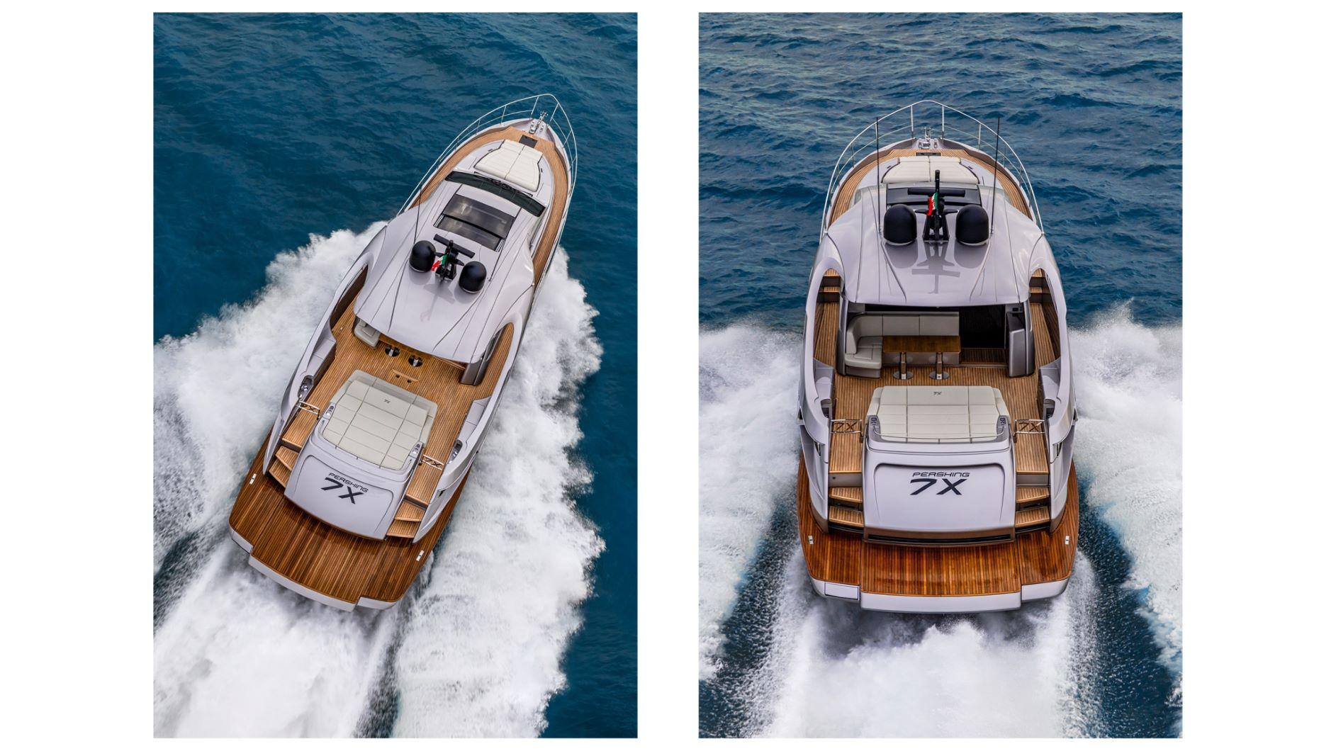 Slide: The Image of 2025 Pershing 7X yacht cruising on open water, aerial view. - 9