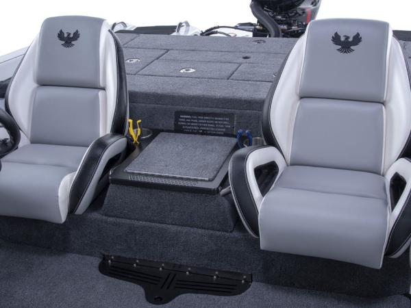 Slide: The Image of 2025 Phoenix 818 Pro boat interior with dual gray seats and logo embroidery. - 2