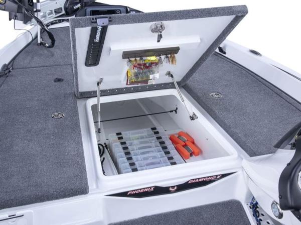 Slide: The Image of 2025 Phoenix 818 Pro boat storage compartment with organized fishing gear and tackle boxes. - 5