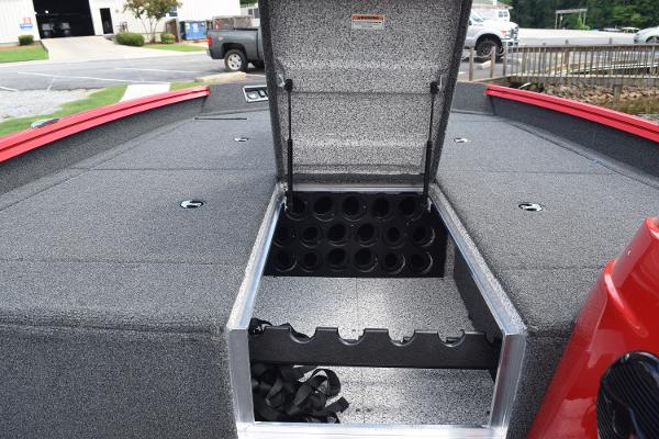 Slide: The Image of 2022 Polar Kraft Bass TX 195 Pro boat with open storage compartment. - 13