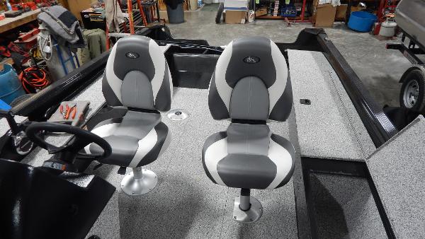 Slide: The Image of 2024 Polar Kraft Outlander 186 SC boat interior with two grey and white seats. - 25