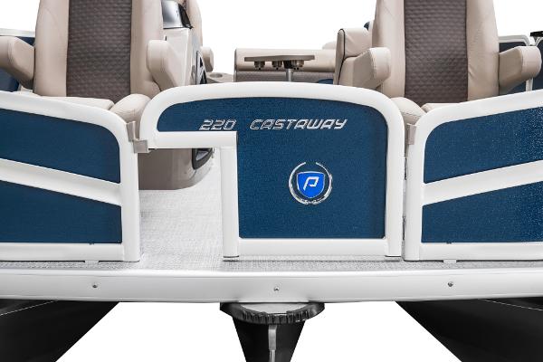 Slide: The Image of 2023 Premier 220 Castaway pontoon boat, rear view with seating and logo. - 31
