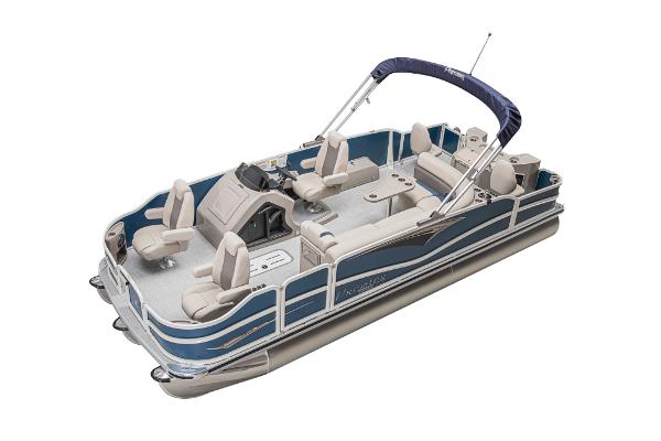Slide: The Image of 2023 Premier 220 Castaway pontoon boat with blue and beige seating. - 45