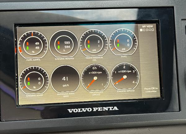 Slide: The Image of Volvo Penta dashboard displaying fuel level, engine hours, and speed on a Prestige 63 yacht. - 47