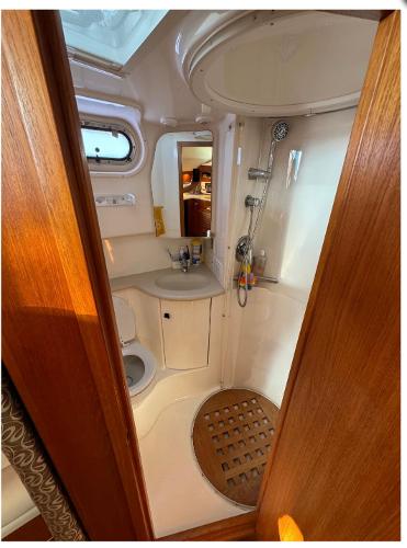 Slide: The Image of Compact bathroom in a 2002 Pursuit 3800 Express boat with shower and sink. - 8