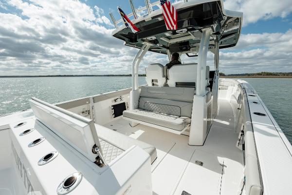 Slide: The Image of 2022 Pursuit S 328 boat interior on a sunny day. - 27