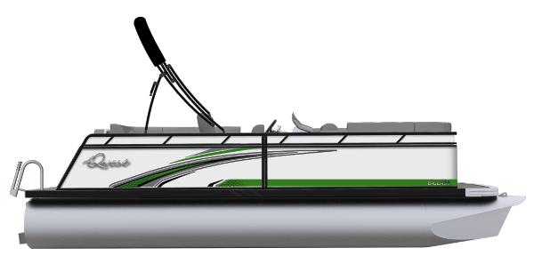 Slide: The Image of 2024 Qwest E-Class 818 RLS LT pontoon boat, side view, green and white design. - 2