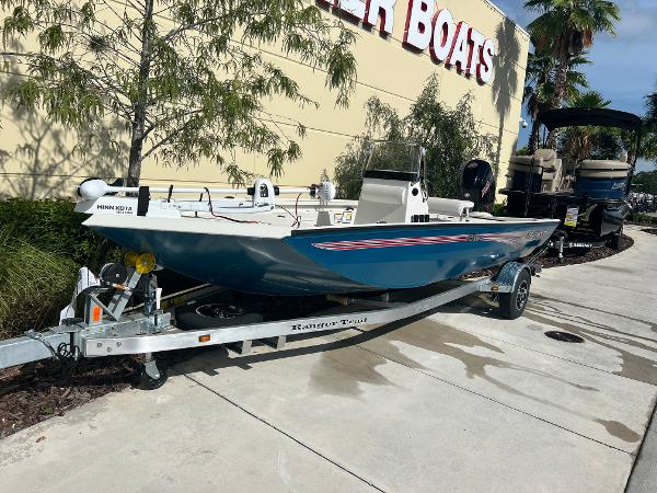 Slide: The Image of 2024 Ranger RB190 boat on trailer outside a dealership. - 0