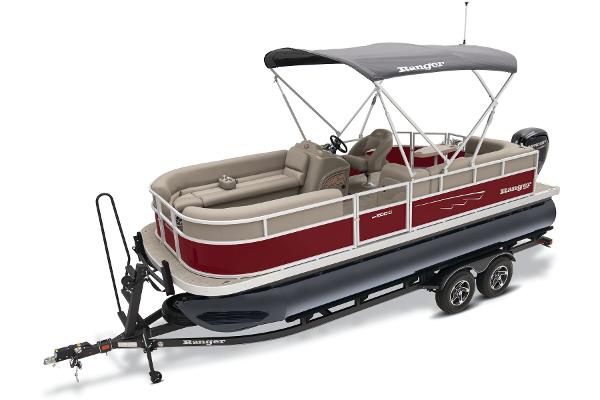 Slide: The Image of 2024 Ranger Reata 200C pontoon boat on trailer with canopy. - 11