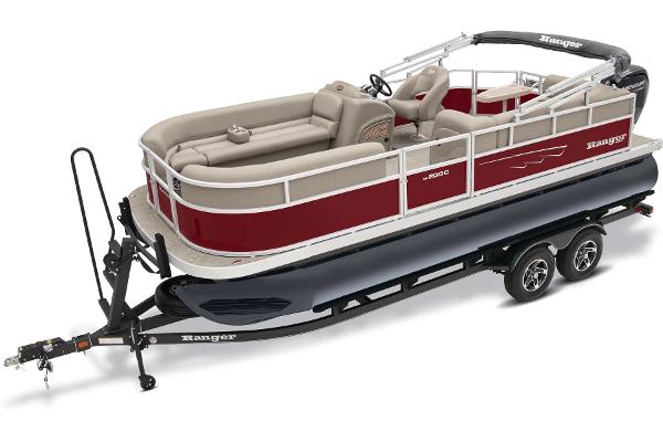 Slide: The Image of 2024 Ranger Reata 200C pontoon boat on trailer, red and beige color scheme. - 14