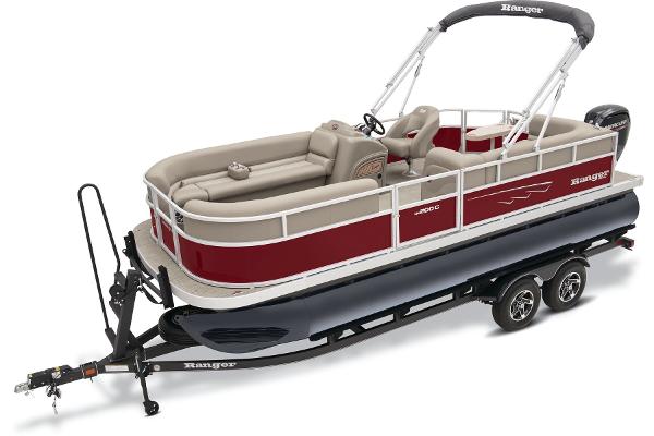 Slide: The Image of 2024 Ranger Reata 200C pontoon boat on trailer, red and beige upholstery. - 15