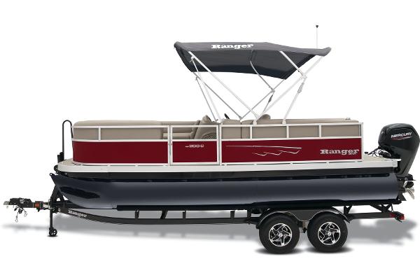Slide: The Image of 2024 Ranger Reata 200C pontoon boat with canopy on trailer. - 17