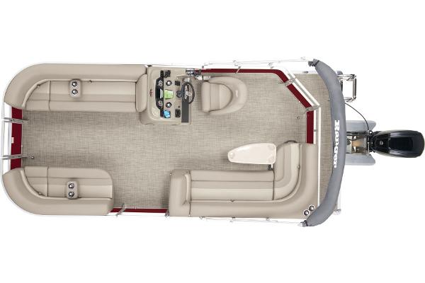 Slide: The Image of 2024 Ranger Reata 200C pontoon boat, top view, beige seating, spacious layout. - 18