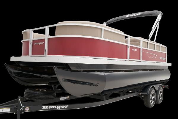 Slide: The Image of 2024 Ranger Reata 200C pontoon boat on trailer, side view. - 21