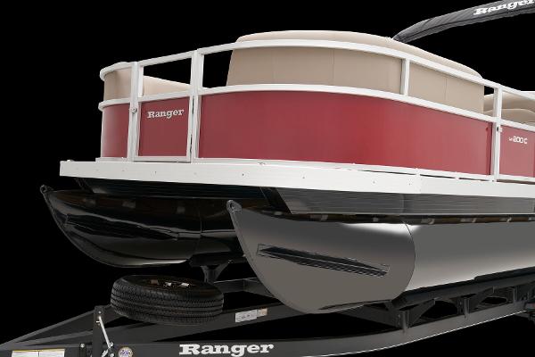 Slide: The Image of 2024 Ranger Reata 200C pontoon boat on trailer, rear view. - 22