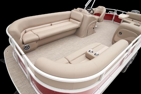 Slide: The Image of 2024 Ranger Reata 200C pontoon boat with beige seating and red exterior. - 24