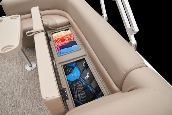 Slide: The Image of 2024 Ranger Reata 200C boat with under-seat storage compartments. - 45