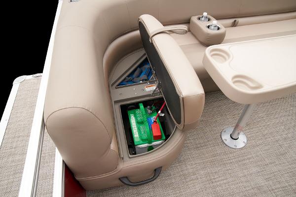 Slide: The Image of 2024 Ranger Reata 200C boat with under-seat storage and battery compartment. - 46
