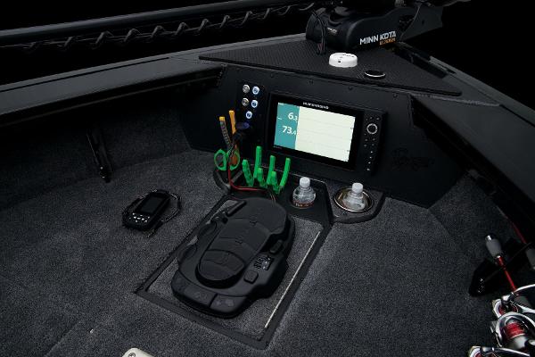 Slide: The Image of 2024 Ranger VX1888 WT boat dashboard with fishfinder and Minn Kota trolling motor. - 34