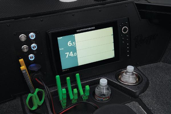 Slide: The Image of 2024 Ranger VX1888 WT boat dashboard with Humminbird display and accessories. - 35