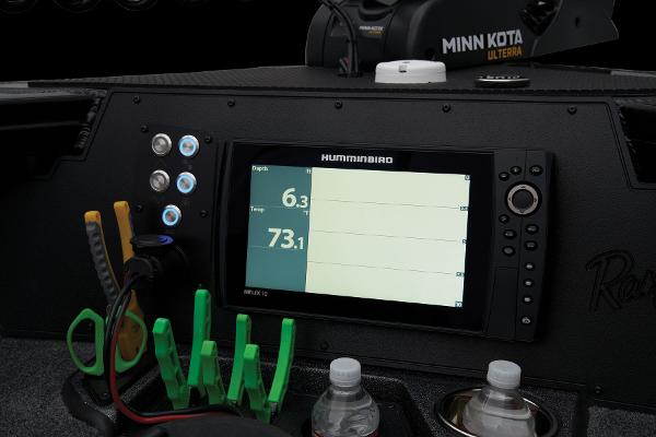 Slide: The Image of 2024 Ranger VX1888 WT boat dashboard with Humminbird fish finder and Minn Kota trolling motor. - 36