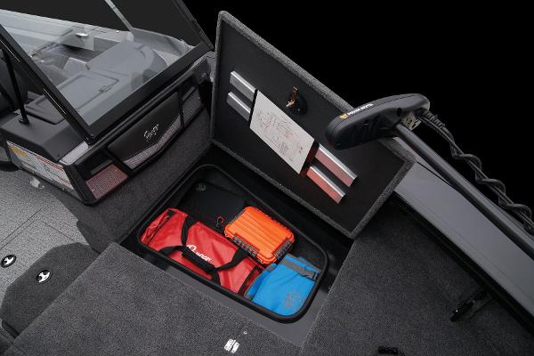 Slide: The Image of 2024 Ranger VX1888 WT boat storage compartment with safety gear and equipment. - 39
