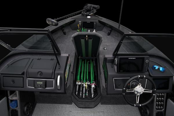 Slide: The Image of 2024 Ranger VX1888 WT boat interior with rod storage and control panel. - 48