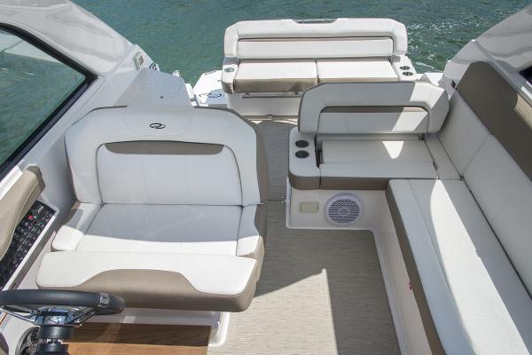 Slide: The Image of Manufacturer Provided Image: 2016 Regal 35 Sport Coupe boat interior with white and beige seating. - 7