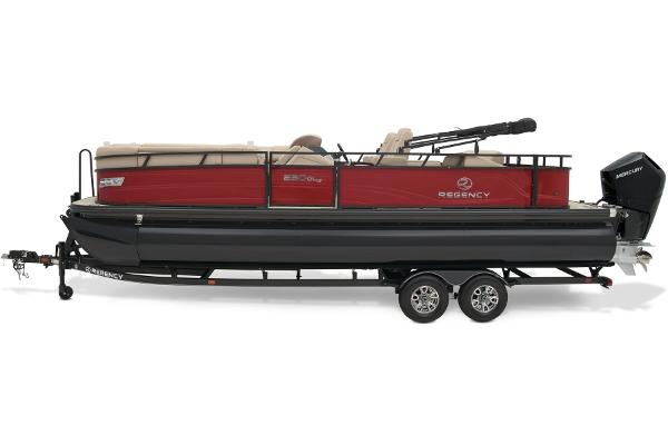 Slide: The Image of 2024 Regency 250 DL3 pontoon boat on trailer, side view. - 10