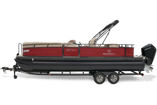 Slide: The Image of 2024 Regency 250 DL3 pontoon boat on a trailer. - 11