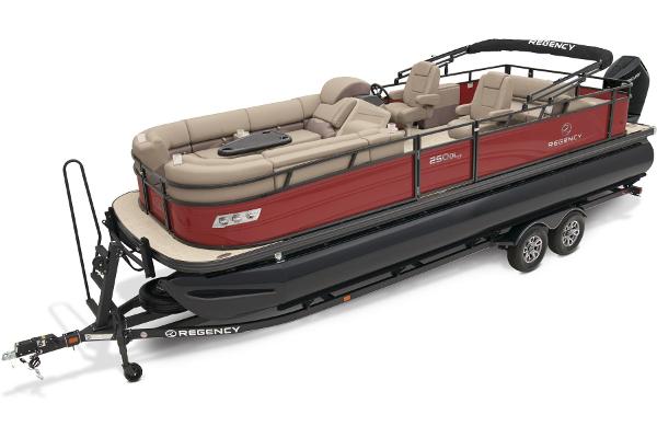 Slide: The Image of 2024 Regency 250 DL3 pontoon boat on a trailer, featuring red and beige seating. - 13