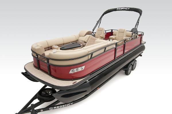 Slide: The Image of 2024 Regency 250 DL3 pontoon boat with luxurious seating and sleek design. - 17