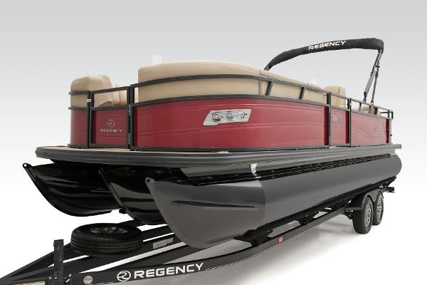 Slide: The Image of 2024 Regency 250 DL3 pontoon boat on trailer, red and black design. - 18