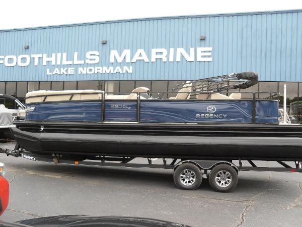 Slide: The Image of 2024 Regency 250 DL3 pontoon boat at Foothills Marine, Lake Norman. - 2