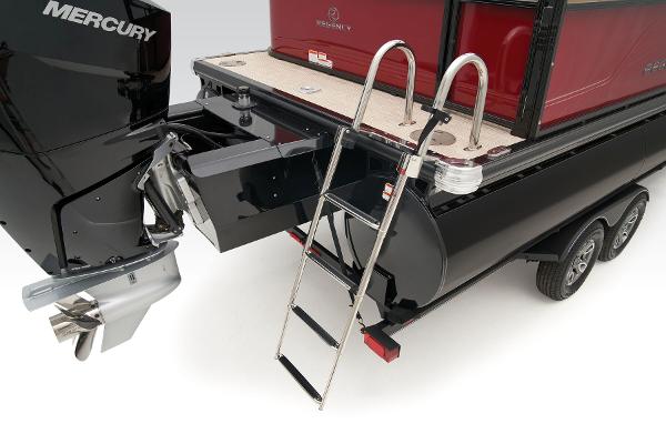 Slide: The Image of 2024 Regency 250 DL3 pontoon boat with Mercury outboard motor and boarding ladder. - 49