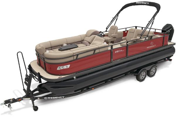 Slide: The Image of 2024 Regency 250 DL3 pontoon boat on trailer, red and beige color scheme. - 8