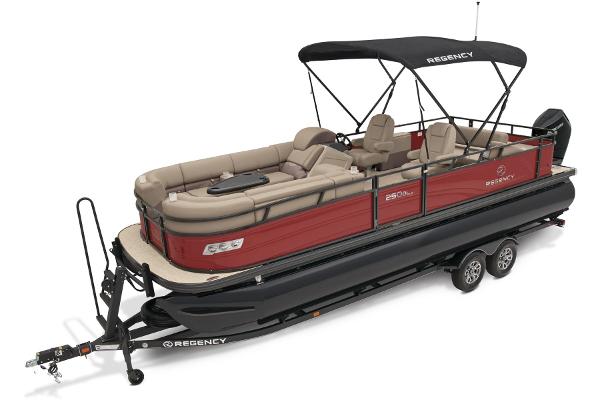 Slide: The Image of 2024 Regency 250 DL3 pontoon boat with canopy and trailer. - 9