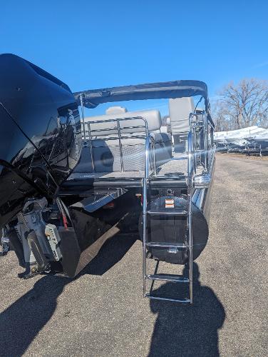 Slide: The Image of 2024 Regency 250 LE3 Sport boat with ladder and outboard motor, parked outdoors. - 6