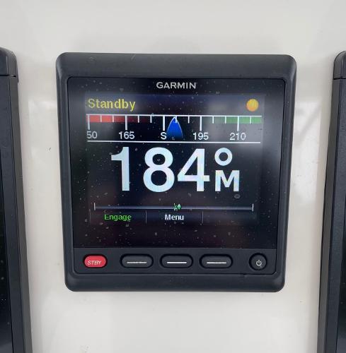 Slide: The Image of Garmin marine display showing 184° heading on a 2016 Regulator 34SS boat. - 25