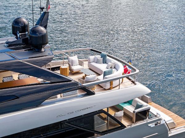 Slide: The Image of Luxurious 2024 Riva 102 Corsaro Super yacht with elegant deck seating on water. - 24