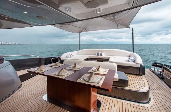 Slide: The Image of Luxury deck of 2017 Riva 88 Domino Super yacht with dining area and ocean view. - 23