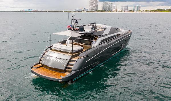 Slide: The Image of 2017 Riva 88 Domino Super luxury yacht on the water, rear view. - 6